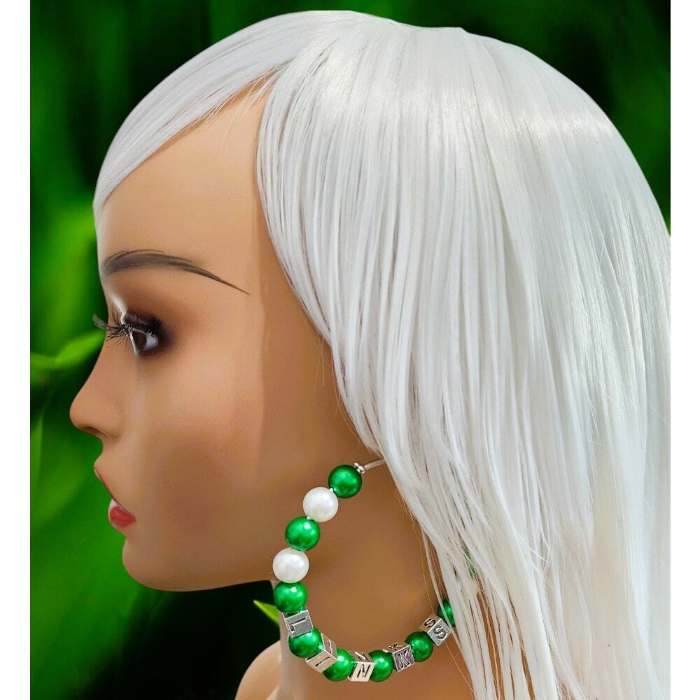 Links Green‎ & White Pearl Hoops with Silver Blocks